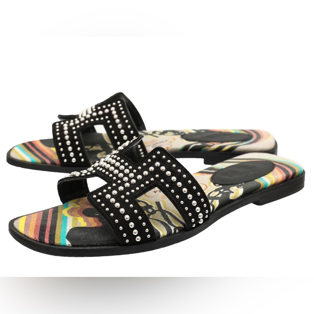 Hermes Oran noir suede studded goatskin sandals